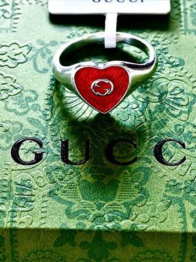 GUCCI Heart Ring with Red Enamel - Gucci Silver Blind for Love Heart Ring Sz 6-7